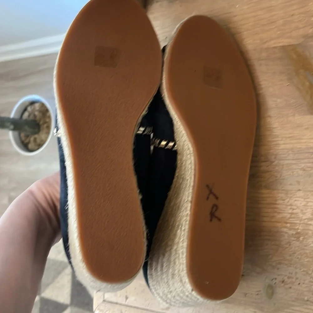 Jack Rogers Palmer Wedge Espadrilles Blue Suede Gold Trim Size 10 Peep Toes